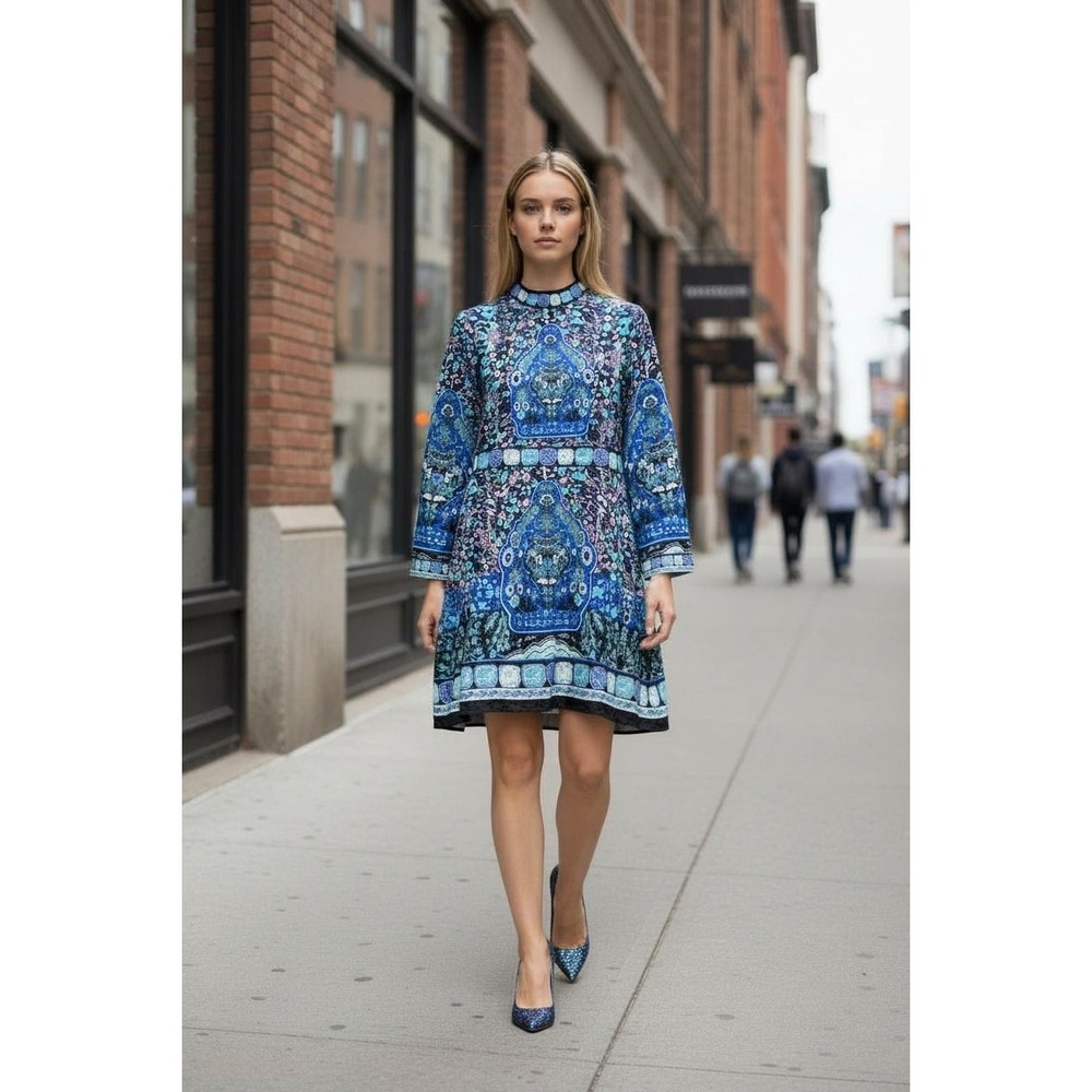Dalia MacPhee Dress Women L Floral Long Sleeve Blue Medallion Multi Satin cockta